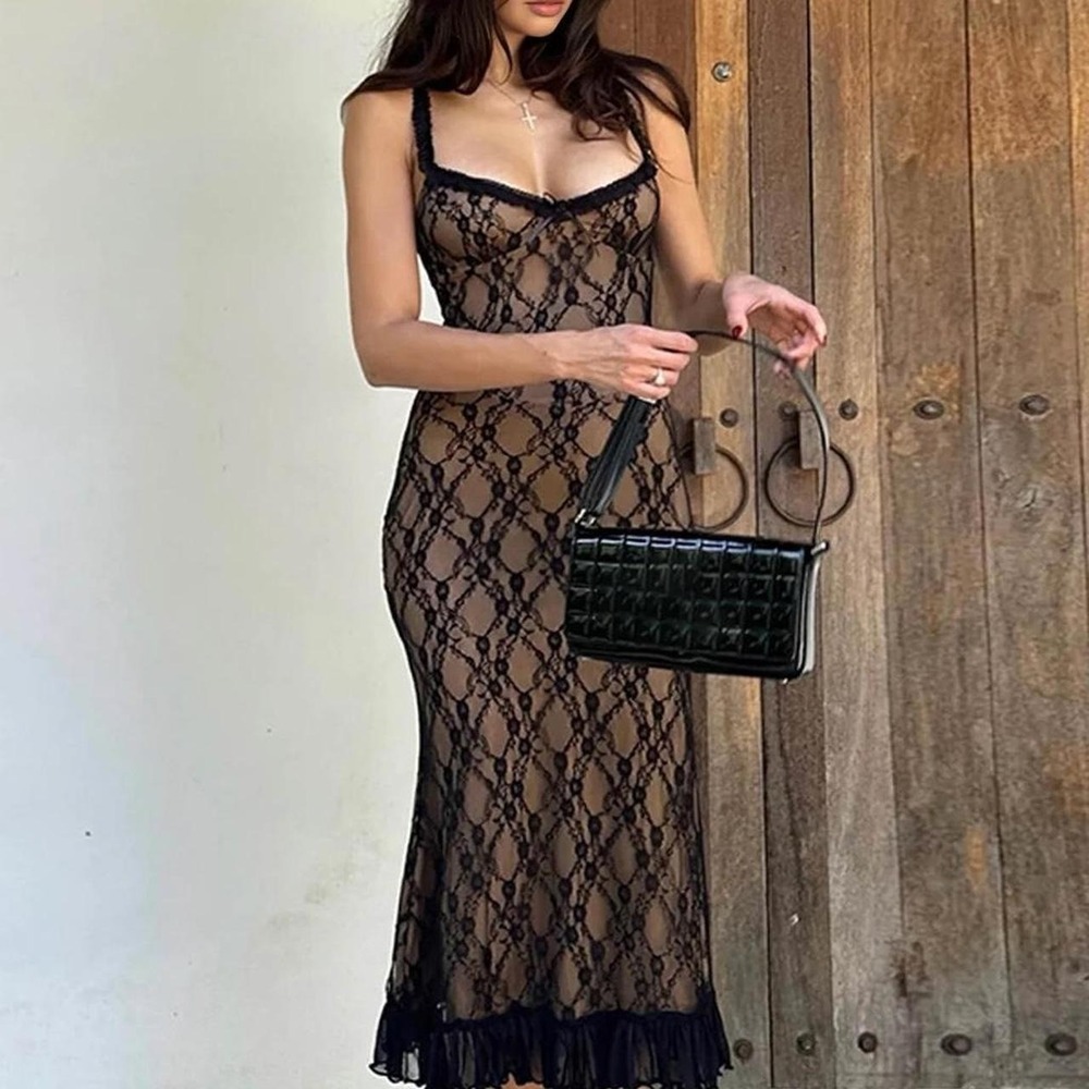 Commense black Lace Patchwork Cami Midi Dress Medium NWT